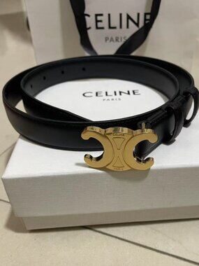Celine Black Triomphe Leather Belt with Gold Buckle size 85